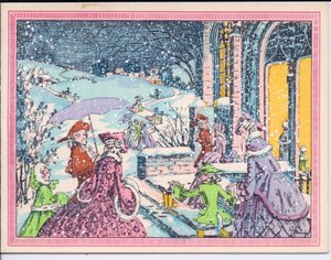参加聚会的人的手工上色的法国Pochoir圣诞贺卡，大约1920年在雪中到达大厦 作者 英语学校