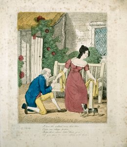 约1800年，一个男人提议的一幅彩色石版画场景 作者 英语学校