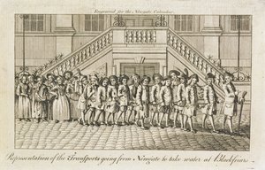 来自Old Bailey的Newgate监狱的一系列链式囚犯被带到Blackfriars进行交通，c.1760 作者 英语学校
