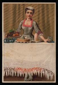 一个女仆或服务女孩在桌子上摆放食物，问候卡。(chromolitho) 作者 英语学校