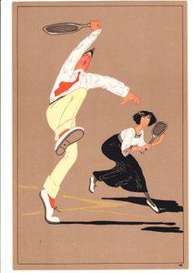 1920年左右，两个以滑稽和幽默姿势打网球的网球运动员的照片 作者 英语学校