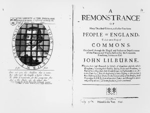 Levellers对下议院关于其领导人John Lilburne（1614-57）监禁的抗议于1646年公布 作者 英语学校