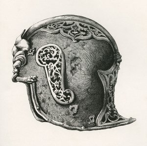 公元 1450 年的 Sallet（又名 Salade 或 schaller 战盔），摘自《英国军队》：其起源、发展和装备》，1868 年出版。 作者 英语学校