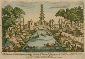 1814年8月1日在圣詹姆斯公园的中国桥和宝塔的视图与在和平的大宴会的帐篷 作者 英语学校