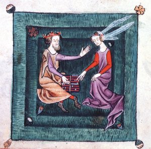 Add 42130 fol.76v 一位国王和一位女士坐在花园里，正在玩一种类似西洋双陆棋的棋盘游戏，出自《卢特雷尔诗篇》，1340 年前为杰弗里-卢特雷尔爵士开始创作（牛皮纸）。 作者 英语学校