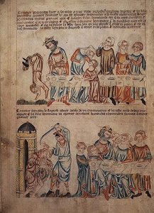 添加 47682 f.21v 在希律王面前跳舞的莎乐美和施洗约翰之死，选自 "霍克汉姆圣经"，约 1320-1330（牛皮纸） 作者 英语学校