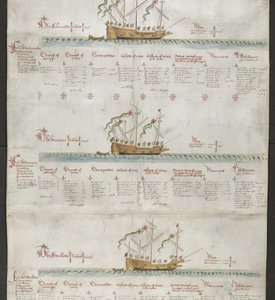 添加 MS 22047 f.4r 大帆船《独角兽》和《燕子》，选自《安东尼卷 作者 英语学校
