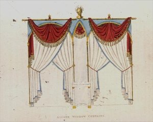 阁楼窗帘，板块141来自阿克曼的《艺术汇编》，1824年出版（彩色平印）。 作者 英语学校