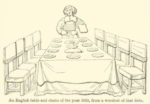 1633 年的英式桌椅，来自那个日期的木刻（雕刻） 作者 英语学校