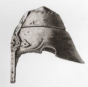 十二世纪早期的鼻盔，摘自《英国军队》：其起源、发展和装备》，1868 年出版。 作者 英语学校