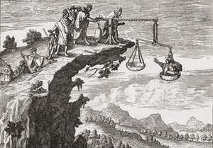 这是一种向罪犯逼供的不寻常方法，源自 Theodorus de Bry 的 16 世纪绘画。 这一幕展示了罪犯坐在不公正的天平上，而牧师则俯身在悬崖上准备接受他的忏悔。 大概 作者 英语学校