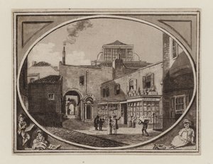 Savil Row Passage的打印卖方Archibald Roberton，毗邻Squibs拍卖室，大约1790年 作者 英语学校