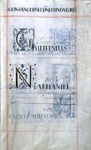 档案 3693 f.46 列出牛津大学新学院的三位赞助人的页面。Gulielmus, Nathaniel, 摘自捐赠书 作者 英语学校