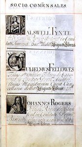 档案 3693 f.63 列出牛津大学新学院的三位捐赠者的页面；Halswell Tynte、Gulielmus Fellowes和Johannes Rogers，来自于捐赠书。 作者 英语学校
