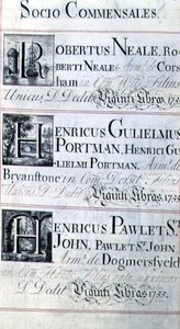 档案 3693 f.95 页，列出了牛津大学新学院的三位捐赠者；Robertus Neale、Henricus Gulislmus Portman和Henricus Pawlet St John。 作者 英语学校