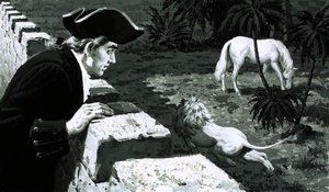 艺术家George Stubbs看着一头狮子向一匹巴巴利马偷袭（纸上水粉画）。 作者 英语学校