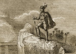 巴尔博亚1513年的太平洋第一眼，1838年出版的“旅行者的故事或世界观”的插图（版画） 作者 英语学校