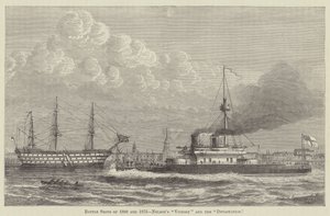 1800 年和 1875 年的战舰，纳尔逊的 "胜利 "号和 "毁灭 "号（雕刻） 作者 英语学校