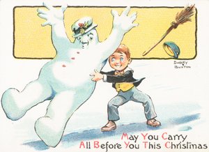 推挤在冰，圣诞卡的男孩雪人 作者 英语学校