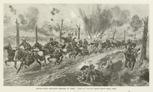 第一次世界大战期间，英国野战炮兵在重壳炮火下的Gallop上开枪