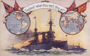绘有大英帝国地图和旗帜的英国战舰（彩色石版印刷） 作者 英语学校
