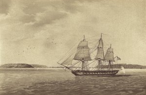 英国护卫舰 HMS Fisgard，由 Thmas Byam Martin 舰长指挥，在法国布列斯特附近侦察（石版）。 作者 英语学校
