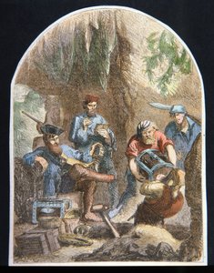 威廉-基德船长在洞穴中藏匿财宝（彩色平版印刷）。 作者 英语学校