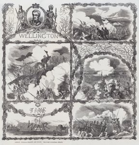 庆祝威灵顿公爵在 Seringapatam 围困战（1799 年）、Dhondia Wagh 战败（1800 年）、Assaye 战役（1803 年）和滑铁卢战役（1815 年）中的胜利（雕刻） 作者 英语学校