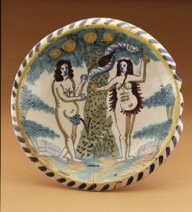 充电器以伊甸园中的亚当和夏娃的圣经故事为特色，c.1680（锡釉陶器） 作者 英语学校