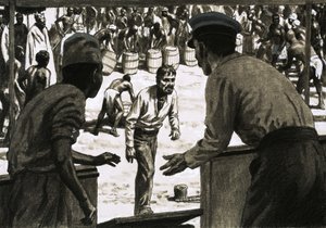 查尔斯·奥斯本（Charles Osborne）和斯托特船长（Stott）在沙滩上摆放了朗姆酒桶 作者 英语学校