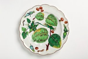 切尔西板饰有坚果，昆虫和叶子的植物插图，1755（瓷器）