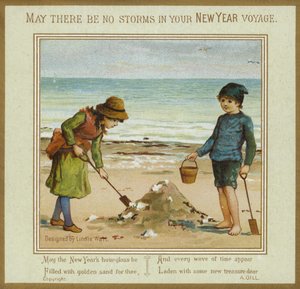 孩子们在海滩上玩 - 新年卡 作者 英语学校