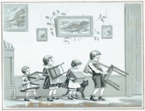 孩子们携带椅子和凳子，圣诞贺卡 作者 英语学校