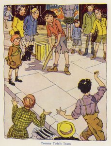 孩子们在街上玩板球（彩色石版印刷） 作者 英语学校
