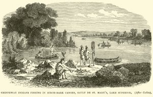 Chippeway印第安人在Birch-bark Canoes，Sault de St Marys，苏必利尔湖钓鱼 作者 英语学校