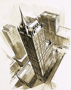 在天空刮板顶部的教会 作者 英语学校