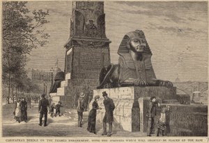 泰晤士河堤上的Cleopatras针与狮身人面像不久将放置在基地 作者 英语学校