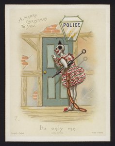 Clown knocking on the door of a police station (chromolitho) 作者 英语学校