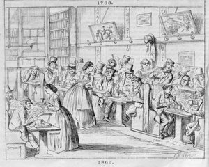 1863年的咖啡厅，来自伦敦咖啡馆过去和现在（彩色雕刻） 作者 英语学校