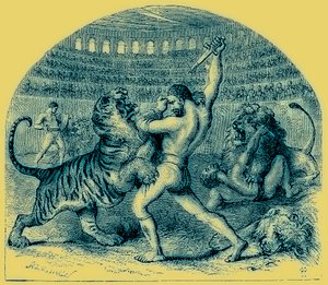 角斗士与野生动物的战斗，来自世界图解史的插图，出版于1880年（数字增强图像） 作者 英语学校