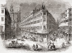 19 世纪中叶英国伦敦的康希尔 (Cornhill)、交易所 (The Exchange) 和朗伯德街 (Lombard Street)，来自旧英格兰：图画博物馆 (Old England: A Pictorial Museum)，酒吧。 1847年 作者 英语学校
