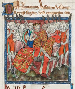 Cott Claud D II f.33 征服者威廉与他的士兵骑马，"Liber Legum Antiquorum Regum"（牛皮纸） 作者 英语学校