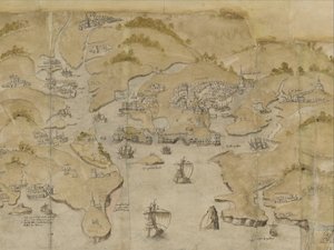 Cotton Augustus I. i. 38 福威和萨尔科姆之间的海岸地图，包括普利茅斯。约 1539 年绘制的 Land