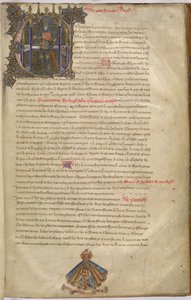 Cotton Nero D. VI f.4 插图首字母 "E"，描绘英格兰国王爱德华三世 作者 英语学校