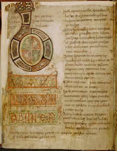 Cotton Tiberius C. II，f.5v 首字母 "B"，动物图案和交错装饰，"The Tiberius Bede.英国教会和人民史"，约 850-900 年（牛皮纸上的墨水和色彩） 作者 英语学校