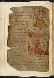 Cotton Vitellius A. XV f.103v，一棵生长香脂的树；一个兽头人 Donestre 站在左边，手里拿着人的腿和脚，右边站着一个人，插图来自《贝奥武夫》，出自 "Nowell 抄本"（羊皮纸上的墨迹）。 作者 英语学校