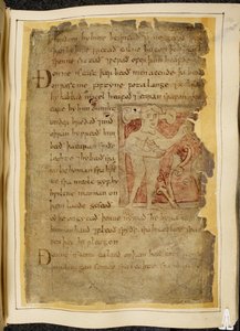 Cotton Vitellius A. XV f.104r，Panotii，即一个耳朵长在茎上的人，手持一个看起来像弓的东西，《贝奥武夫》中的插图，出自《诺威尔法典》（羊皮纸上的墨水）。 作者 英语学校