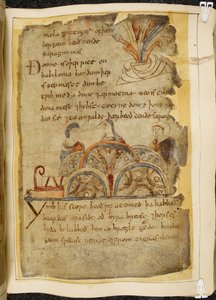 Cotton Vitellius A. XV f.105，一棵金色的葡萄树；三个人在交谈，代表统治红海的善良民族，那里有最好的珍珠，插图来自《贝奥武夫》，出自《诺威尔法典》（羊皮纸上的墨水）。 作者 英语学校