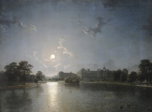 月光下的湖对面的乡村别墅，约1850年（布面油画 作者 英语学校