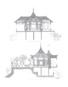 白金汉宫夏日别墅的横截面图，出自路德维希-格鲁纳（1801-82）和安娜-布朗内尔-詹姆森（1794-1860）1846年创作的《白金汉宫地面花园亭子的装饰》（雕刻）（黑白照片）。 作者 英语学校